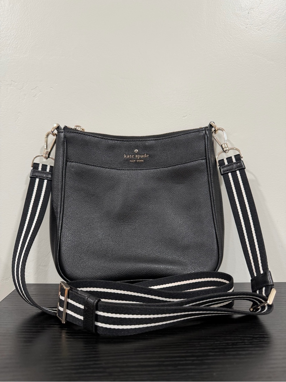 kate spade Black Leather Crossbody with Striped Removable Strap